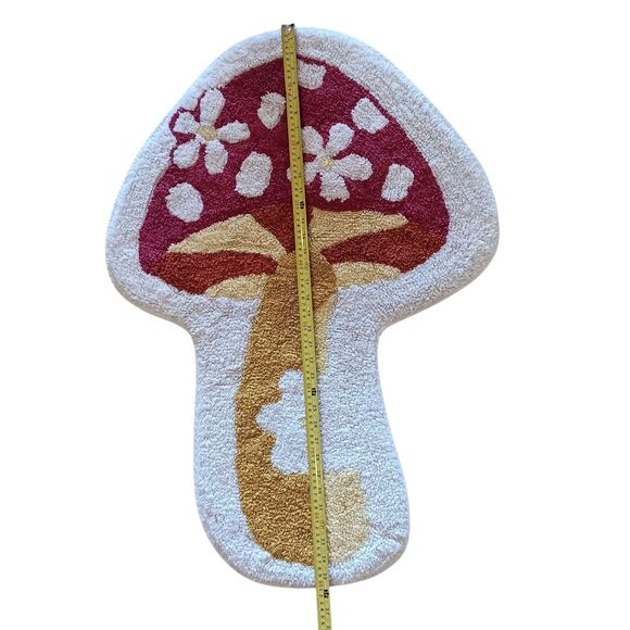 Mushroom Shaped Rug Red/Pink Mushroom & Off White Flowers Yellow Stem 36" X 24" - Picture 3 of 11